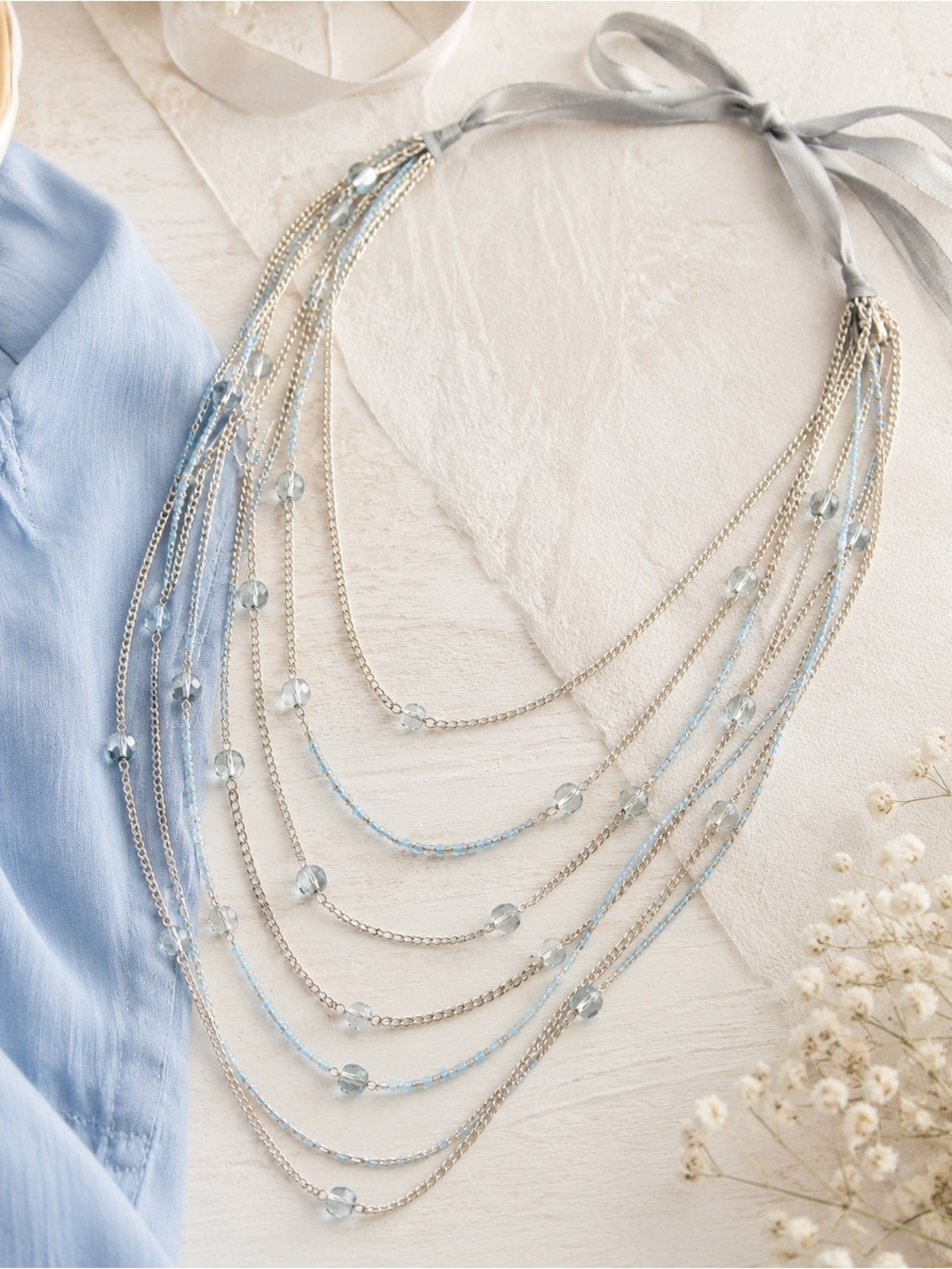 LOFT Silver Tone Multi Strand Blue Beaded Layered Necklace Ribbon Tie Boho